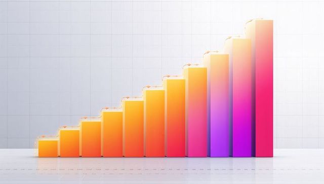 Rising gradient 3D bar chart showing twelve glossy columns on minimal grid backdrop