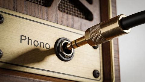 Inserting gold-plated plug into phono jack on vintage wooden amplifier front panel