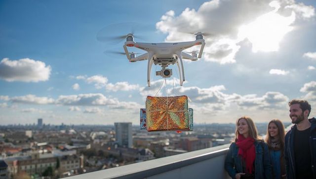 Hovering drone delivering sparkling gift above rooftop friends over city skyline