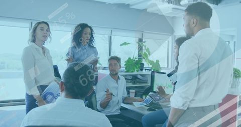 Diverse Team Brainstorming with Digital Data Overlay in Modern Office