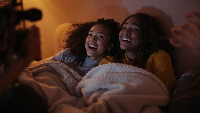 Laughing friends snuggling under blanket on couch in warm evening light