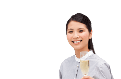 Smiling Asian Businesswoman Celebrating with Champagne Transparent
