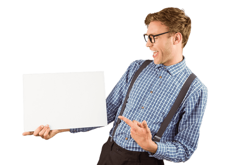 Happy Hipster Geek Pointing to Blank Transparent Sign - Download Free Stock Videos Pikwizard.com