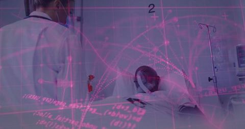 Doctor assessing patient in hospital with data overlay