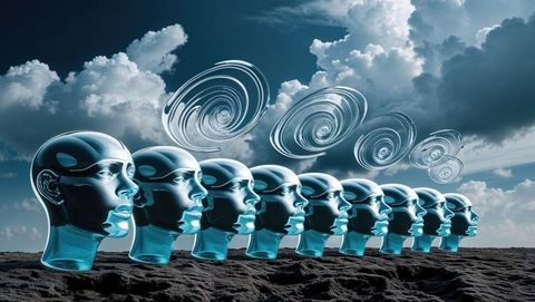 Surreal array of translucent heads with swirling vortex above, talking heads concept