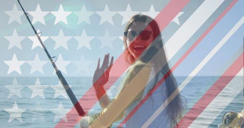 Joyful Woman Fishing on Boat with American Flag Overlay