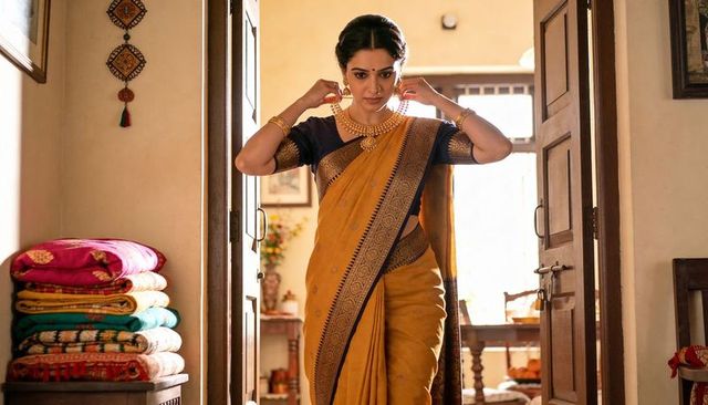Adjusting gold necklace wearing mustard saree and dark blue blouse in sunlit doorway