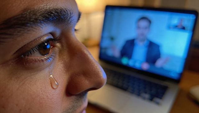 Closeup teardrop on adult male face during virtual meeting on laptop, emotional portrait