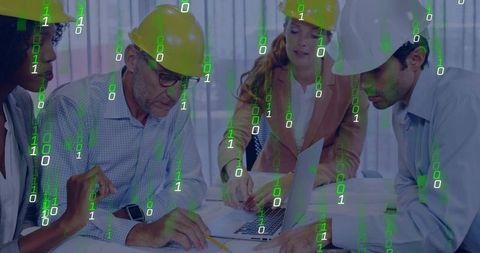 Engineering Team Collaborating on Digital Construction Plans with Binary Overlay