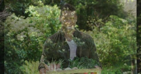 Smiling mid adult man holding wooden crate of carrots and leafy greens in sunlit garden