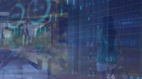 Basketball Players with Digital Financial Overlay