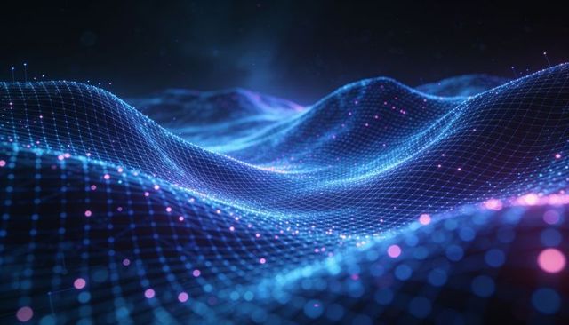 Undulating neon wireframe network with glowing nodes, bokeh flares and digital topology