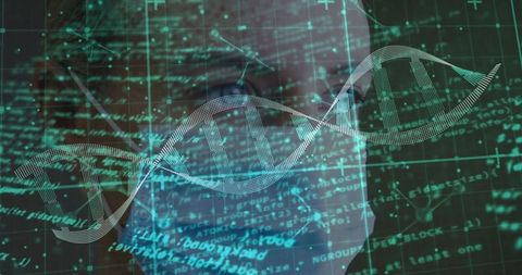 Visualizing dna helix over data grid for genomics research and bioinformatics analytics