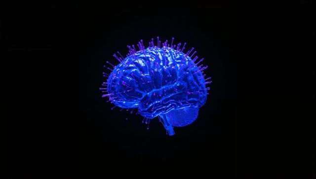 Glowing neon-blue brain with spiking neural nodes hovering in black void