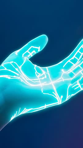 Neon Circuit Hand Pulsing Nodes Curling into Fist Vertical Tech Animation