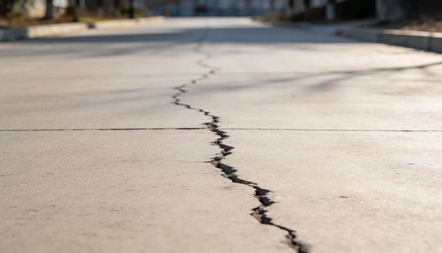 Long jagged crack running through sunlit suburban concrete driveway close-up