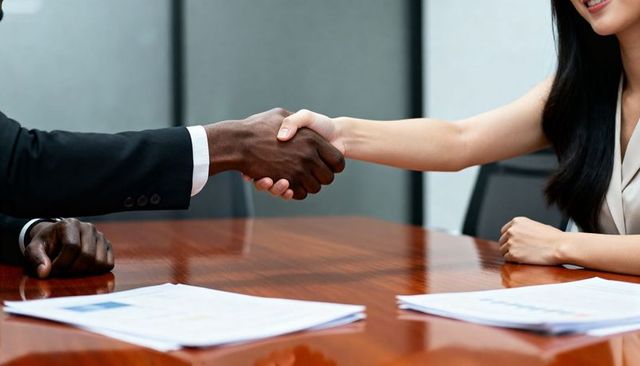 Business handshake sealing agreement across conference table with documents and suits