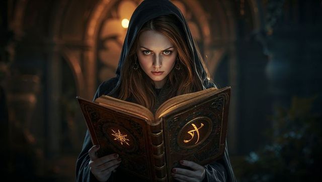 Cloaked Scholar Reading Mystical Tome in Candlelit Gothic Hall