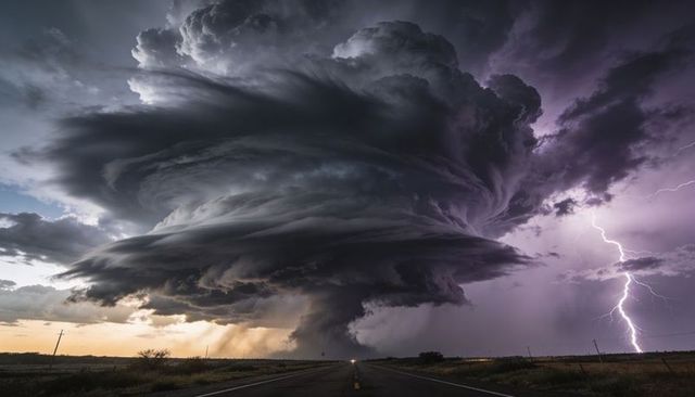 Rotating Supercell Thunderstorm over Open Plains with Dramatic Wall Cloud and Lightning