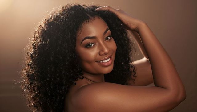 Radiant black woman smiling with curly hair and dewy makeup under warm rim light