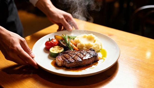 Server presenting sizzling seared steak with mashed potatoes and roasted vegetables