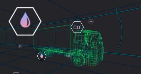 Futuristic Wireframe Semi-Truck Navigating Digital Grid