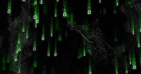 Green binary rain falling over dark matrix, glowing ones and zeros streaming down