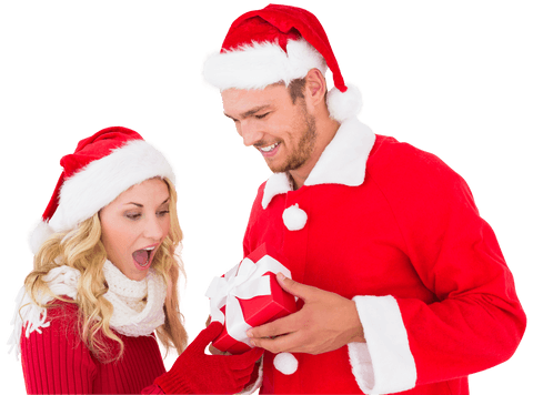 Transparent Holiday Surprise: Santa Giving Gift to Excited Woman - Download Free Stock Videos Pikwizard.com