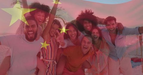 Diverse friends celebrating beach vacation enjoying fun times