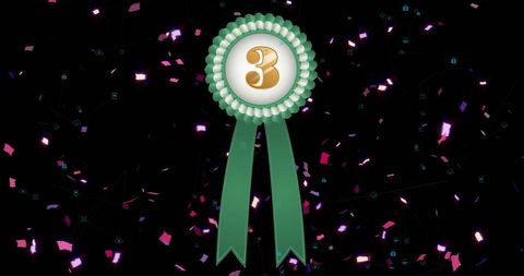 Third place rosette with falling confetti on black background