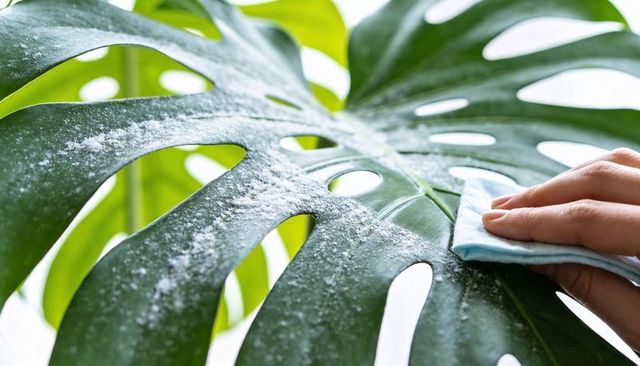 Hand wiping powder from monstera leaf in sunlit closeup for houseplant dust removal