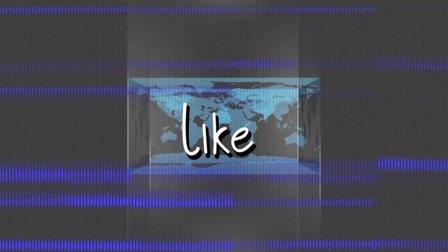 This animation features digital interference with the word 'like' overlaying a world map. The blue tones and pixelated effects convey a futuristic and technological theme, making it ideal for use in digital marketing, online campaigns, presentations on global connectivity, social media, and technology-related topics.