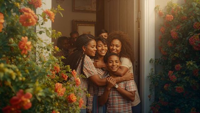 Family Enjoying Warm Reunion Surrounded by Blooming Flowers