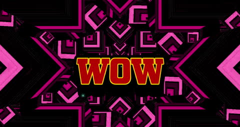 Dynamic Wow Text on Pink Geometric Kaleidoscope Background