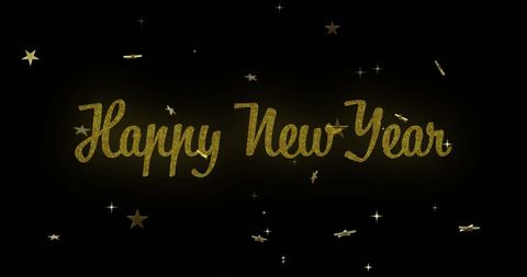 Festive Happy New Year Text with Gold Stars on Black Background
