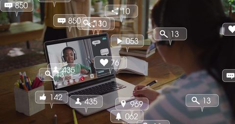 Asian Schoolgirl Remote Learning with Social Media Icons Overlay - Download Free Stock Images Pikwizard.com