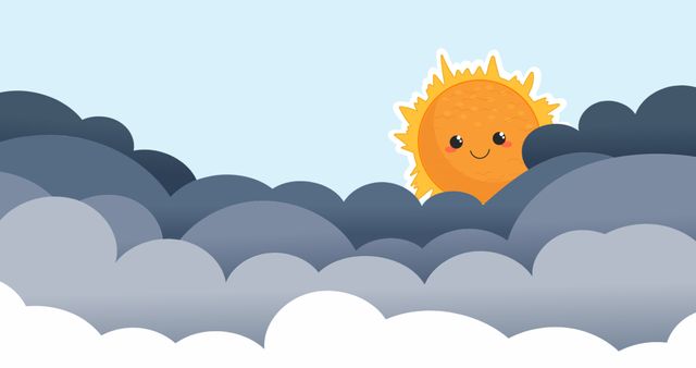 Illustration of a happy cartoon sun with a smiley face peeking over dark clouds. Sky has a light blue color. Ideal for children's books, weather-related projects, greeting cards, posters, and educational materials. Conveys positive and uplifting mood despite the presence of dark clouds.