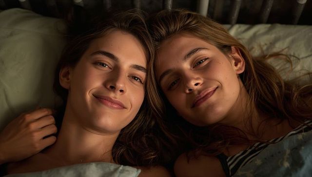 Intimate same-sex couple snuggling in bed closeup, cozy morning warmth and tenderness