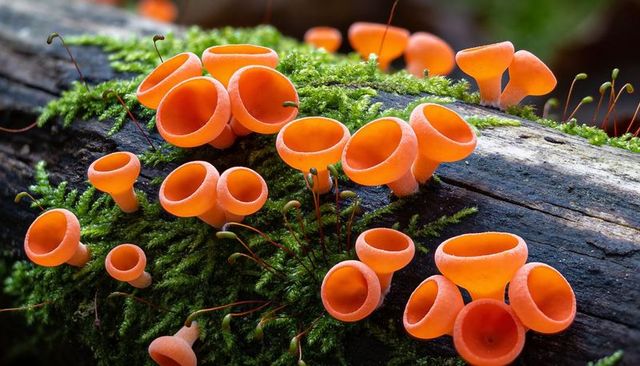 Vivid orange cup fungi clustering on mossy decaying log macro detail for nature projects