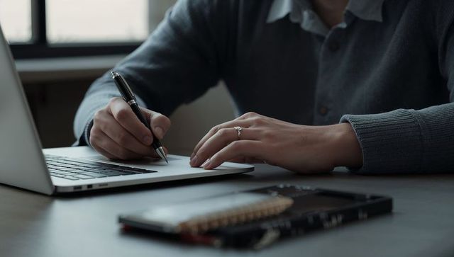Writing on Laptop with Pen, Hands Wearing Grey Sweater and Engagement Ring