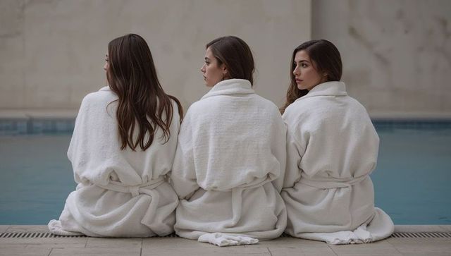 Three women in white robes relaxing poolside at spa, tranquil luxury wellness retreat