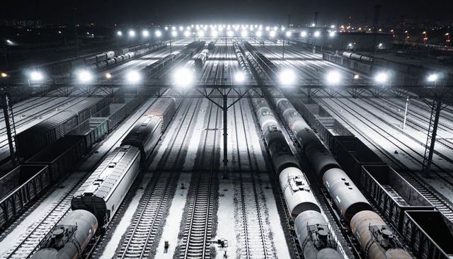 Glowing floodlights illuminating night freight yard with parallel snow-covered railroad tracks