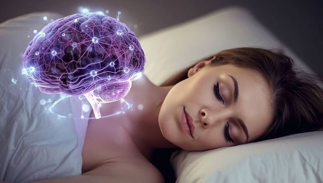 Woman sleeping with brain hologram representing dreams