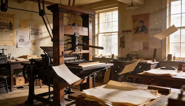Vintage wooden platen press sitting in sunlit print workshop with flying papers and typography forms