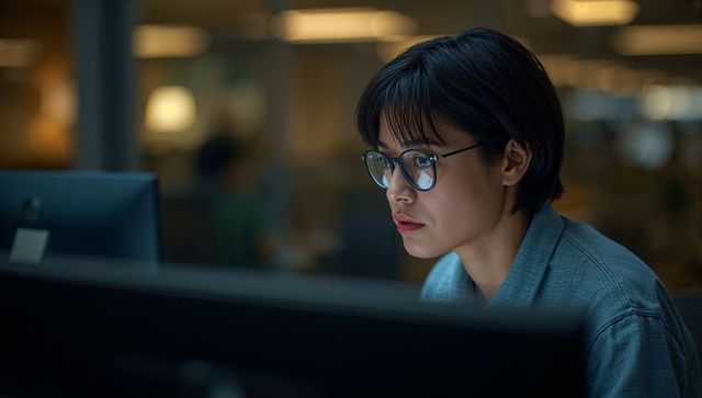 Asian woman working late at computer wearing glasses focusing in open-plan office