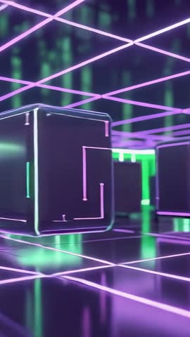 Vertical neon cube grid panning video with sliding reflective cubes and green columns