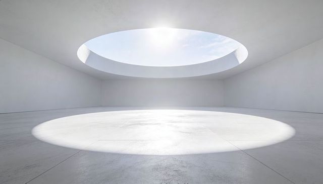 Minimalist white atrium with circular oculus skylight casting sunlit round patch on concrete floor