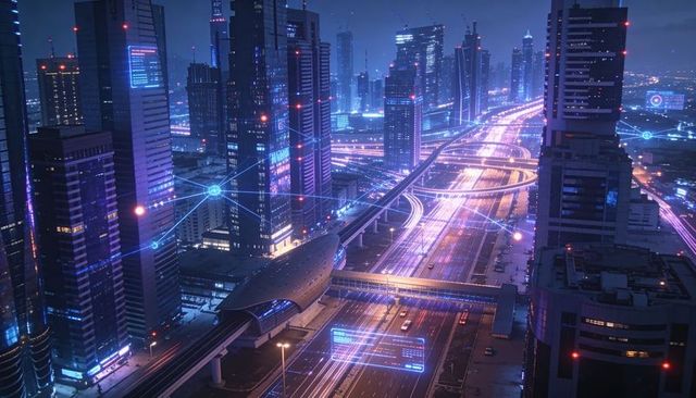 Neon-connected megacity smart transit hub with lighttrail highways at night