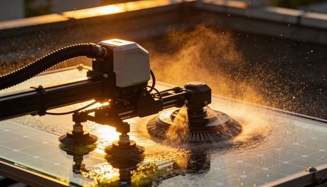 Robotic solar panel cleaner rotating brush spraying water at sunset on rooftop array