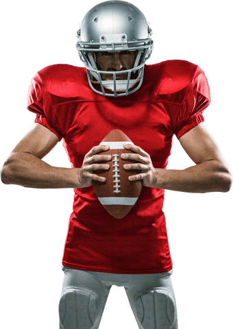 Transparent football player holding ball in powerful pose